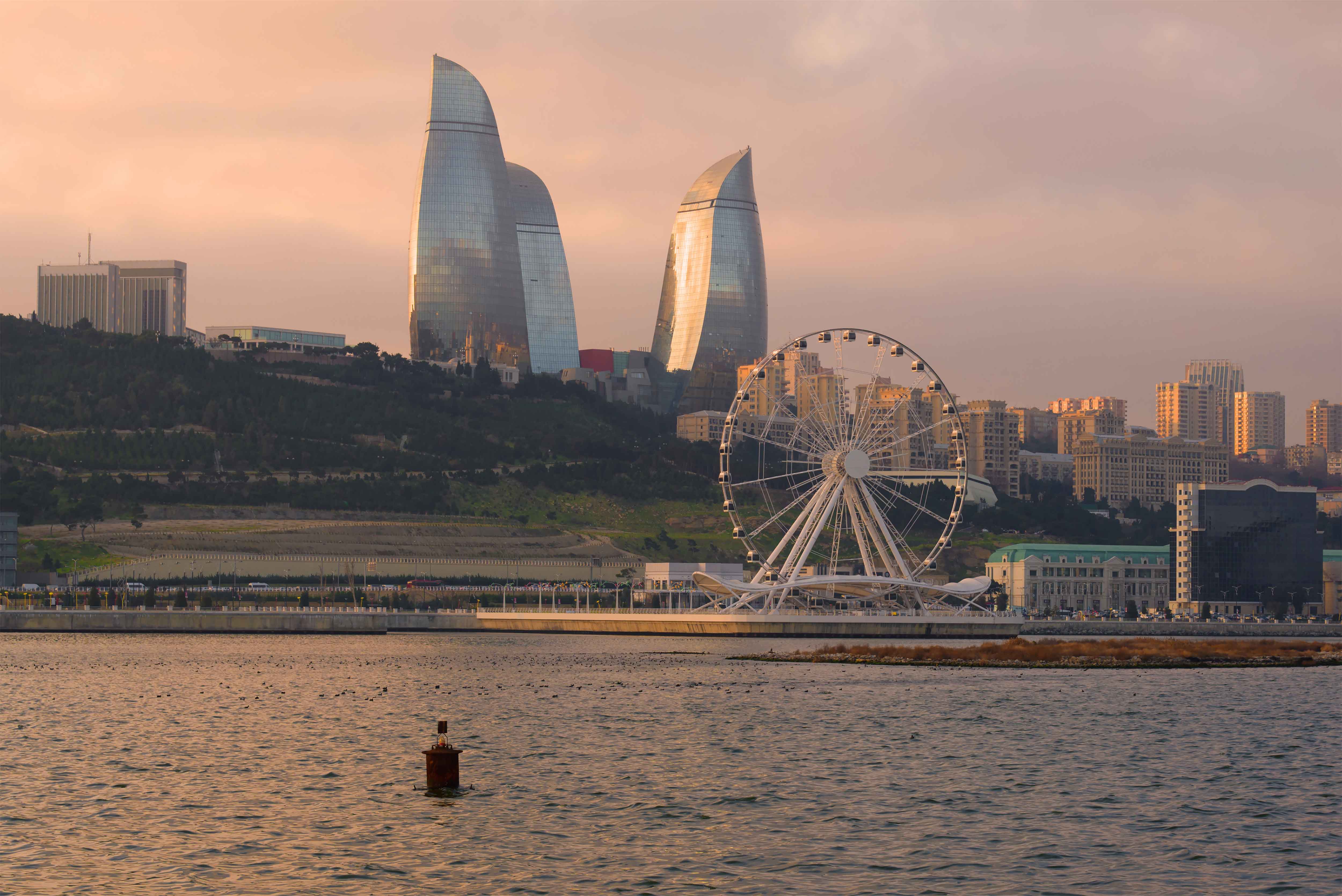 The waterfront in Baku, Azerbaijan, with the Flame Towers in the background